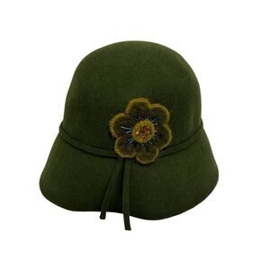 Vintage Georgi Olive Green Wool Hat Beaded Flower Bucket Downturned Brim